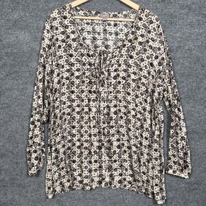 J.Jill Size XL Top Gray Lounge Abstract Rayon Comfy Tie Neck Long Sleeves